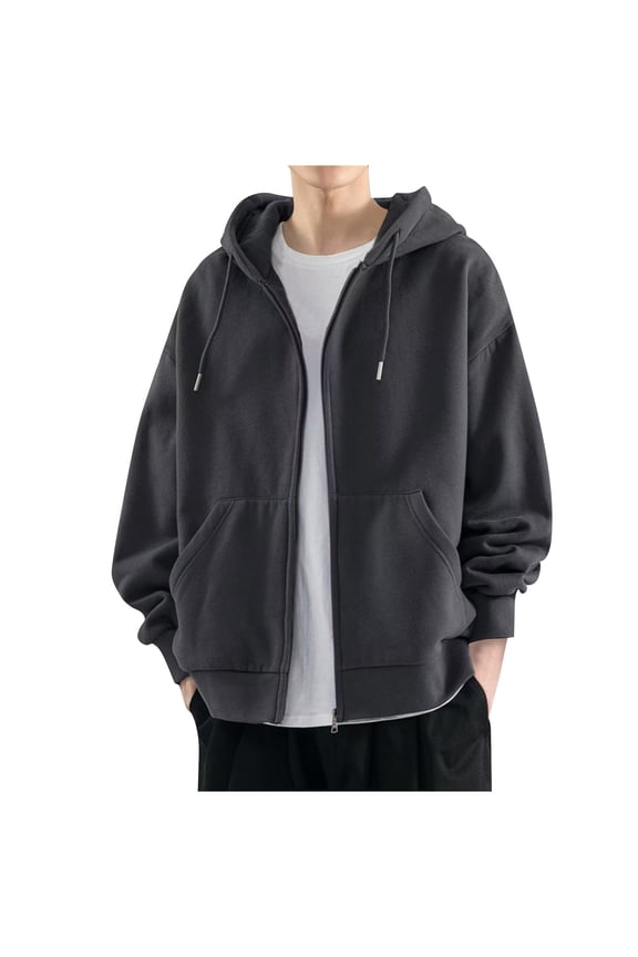 Zip Up Jacket Men Casual Full Zip Basic Hoodie Drawstring Long Sleeve Light Weight Fleece Pullover Active Athletic Hoodies with Pocket, Dark Gray XL