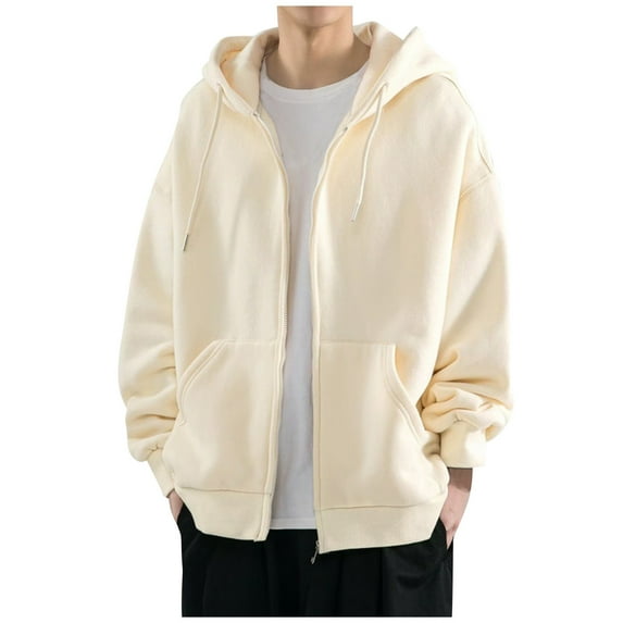 Zimjoy Zip Up Jacket Men Casual Full-Zip Basic Hoodie Drawstring Long Sleeve Light Weight Fleece Pullover Workout Hooded Sweatshirts with Pocket, Beige XL