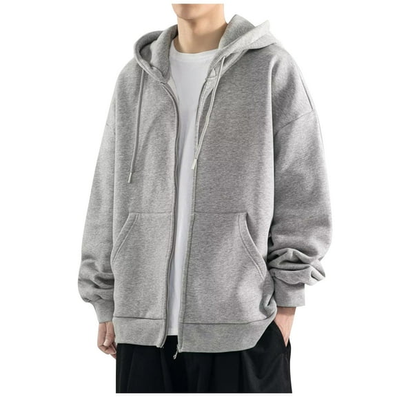 Zimjoy Zip Up Jacket Men Casual Full Zip Basic Hoodie Drawstring Long Sleeve Lightweight Fleece Sweatshirt Workout Hooded Sweatshirts with Pocket, Light Gray L