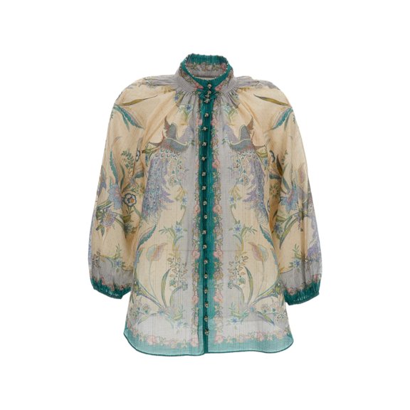 Zimmermann Cream Indra Billow Floral Cotton-Silk Blouse (Women's)
