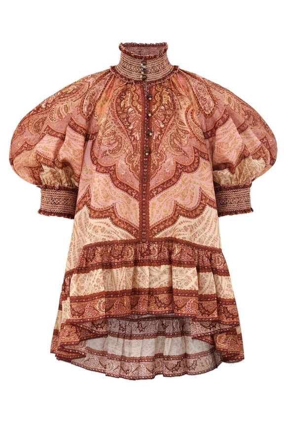 Earthy Paisley Silk Ruffle Blouse (Women's)