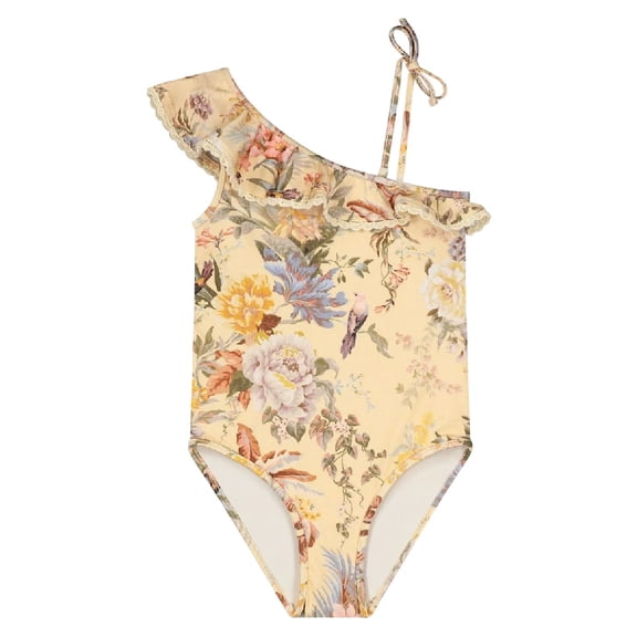 Zimmermann Kids One Shoulder Floral Print One Piece Swimsuit, Size 12Y