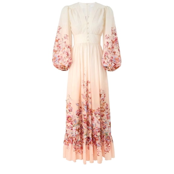 Zimmermann Multicolor V-Neck Puff Sleeves Maxi Dress (Women's)
