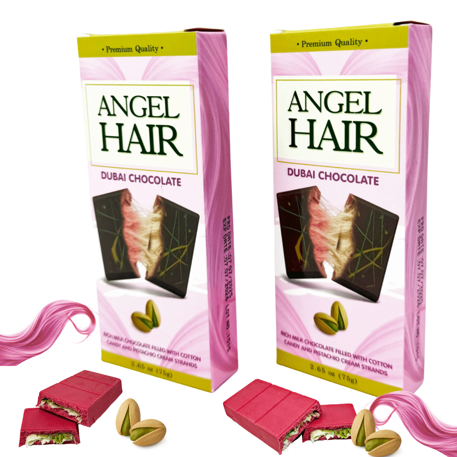Zimply Foods 2 Pack 2.65 Oz Angel Hair Dubai Chocolate Bar - Pink Chocolate Bar - Premium Dubai Chocolate Candy with Milk Chocolate, Cotton Candy & Pistachio Cream Strands, Luxurious Layers