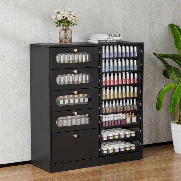Zimtowm Salon Display Cabinet, Double Rows Beauty Station with 4 Small Drawers, 1 Large Drawer and 8 Transparent - panel Drawers, Black