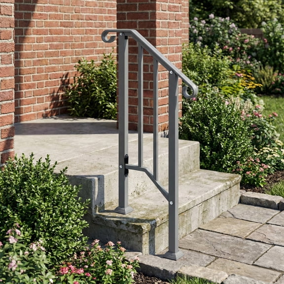 Zimtown 1 Step Outdoor Stair Handrail, Metal Safety Rail for Porch & Patio Steps, Single Step Stair Railing Black Silver