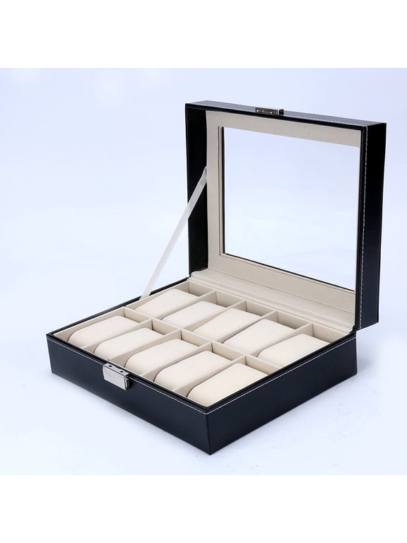 10 Slot Men Watch Organizer Box Leather Watch Storage Case Organizer Holder Top Glass Jewelry