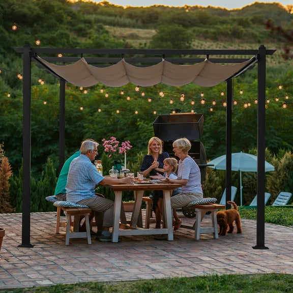 Zimtown 10' X 13' Outdoor Pergola with Sun Shade Canopy Patio Metal Shelter for Porch Garden Beach Pavilion Grill Gazebo, Khaki