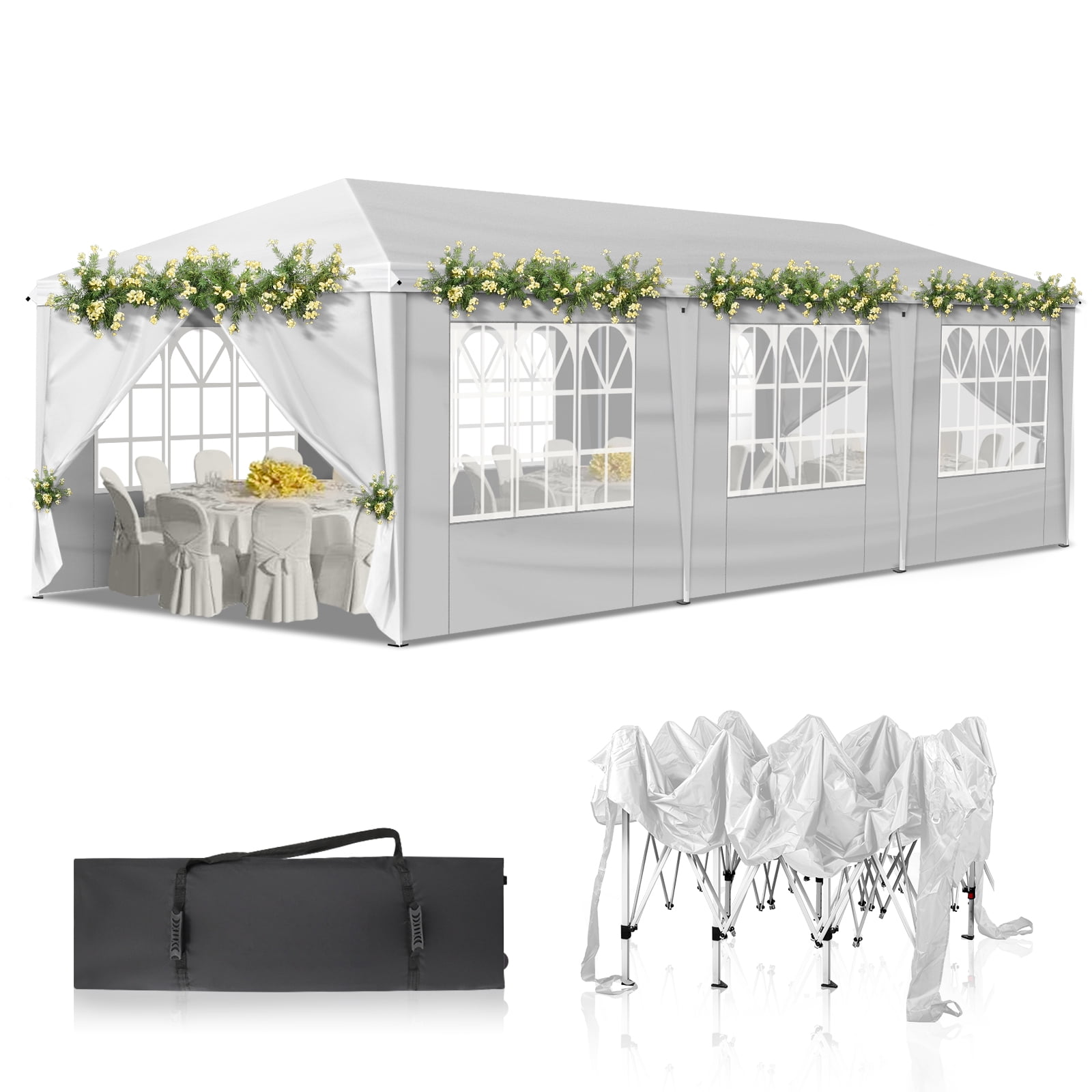 White 10' x 30' Steel Frame Outdoor Party Canopy Tent with Sidewalls