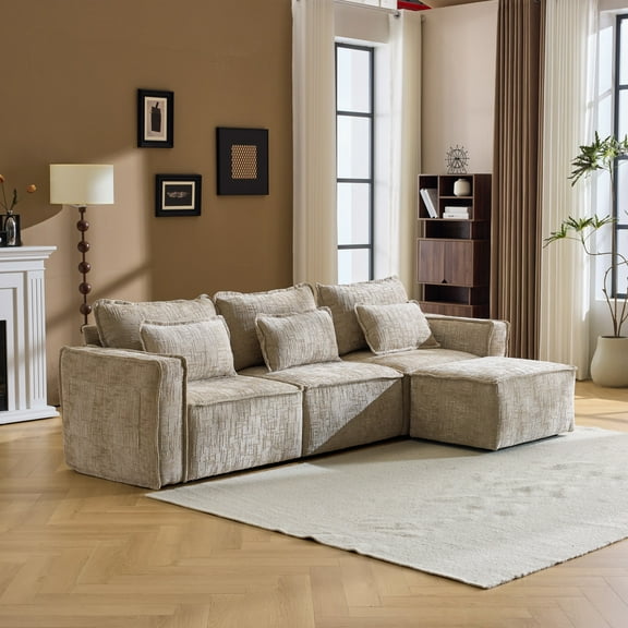 Zimtown 111"W L-Shaped Modular Sectional Sofa, Oversized Chenille Sofa Bed, 3-Seat Modern Cloud Sofa Couch with Ottoman for Living Room, Light Khaki