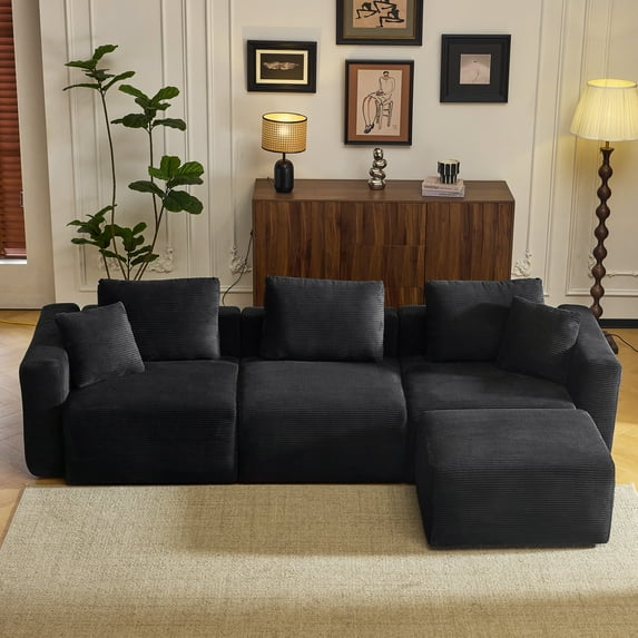 Zimtown 112''W Modular Sectional Sofa L Shaped 3-Seat Cloud Sofa Comfy Corduroy Couch with Chaise Lounge, Black