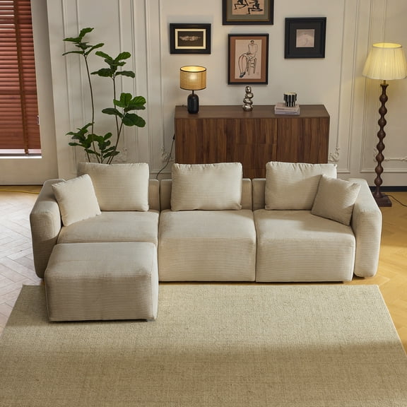 Zimtown 112''W Modular Sectional Sofa L Shaped 3-Seat Cloud Sofa Comfy Corduroy Couch with Chaise Lounge, Khaki