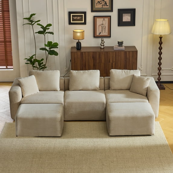 Zimtown 112''W Modular Sectional Sofa U Shaped 3-Seat Cloud Sofa Comfy Corduroy Couch with Chaise Lounge, Khaki