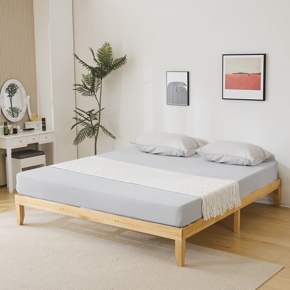 Zimtown 12" Solid Wood Platform Bed with Wooden Slats, King, Natural Pine, Natural Wood Color