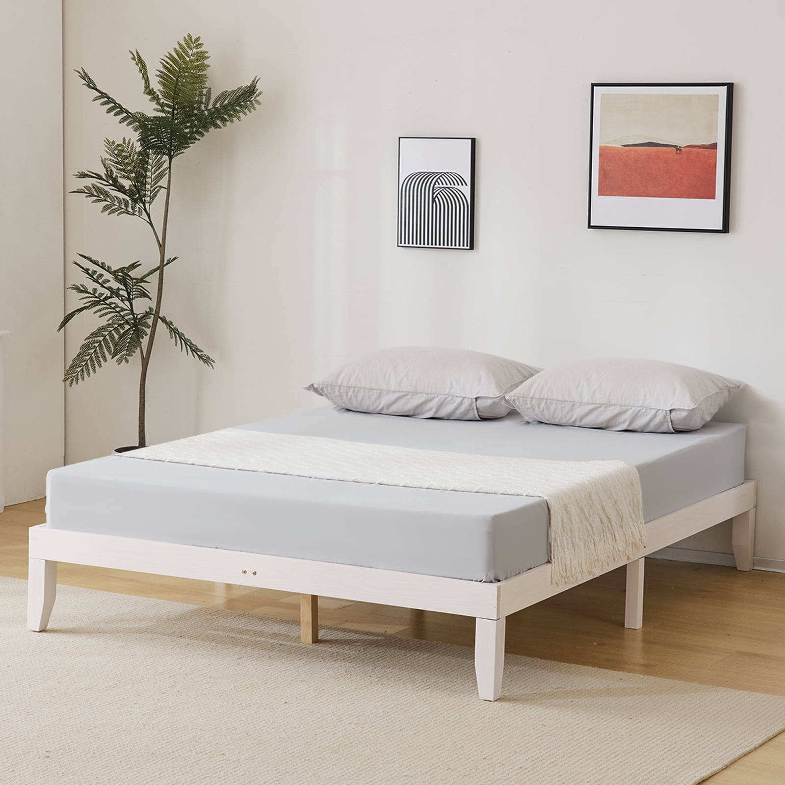 Zimtown 12" Solid Wood Platform Bed with Wooden Slats, Queen, Natural ...