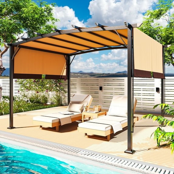Zimtown 12' x 9' Pergola Metal Adjustable Shade Fabric Curved Top Folding Shed, Brown