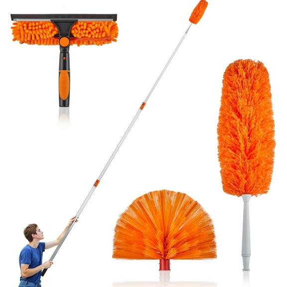 Zimtown 12FT Extendable Duster Kit with Squeegee, Cobweb Brush & Microfiber Duster, Silver/Orange