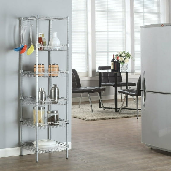 Zimtown 13.4"W x 13.4"D x 63"H 6-Tier Storage Rack, Kitchen Bathroom Corner Shelving Unit with 4 Hooks, Silver