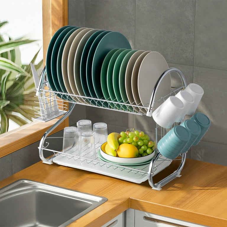 2 Tier Dish Drying Rack With Drainboard Set, Large Dish Racks For