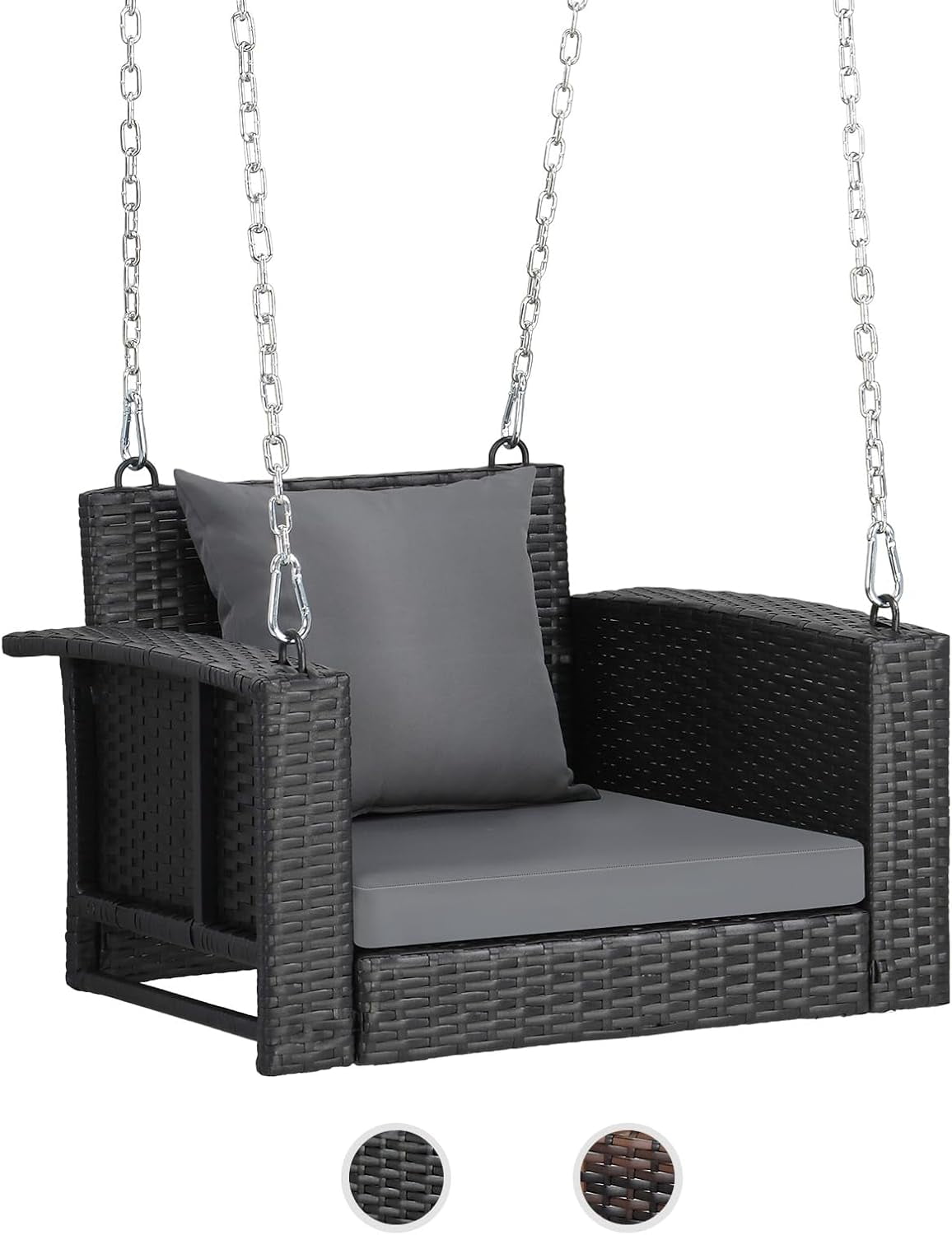 Black Rattan Outdoor Porch Swing with Cushions and Adjustable Chains