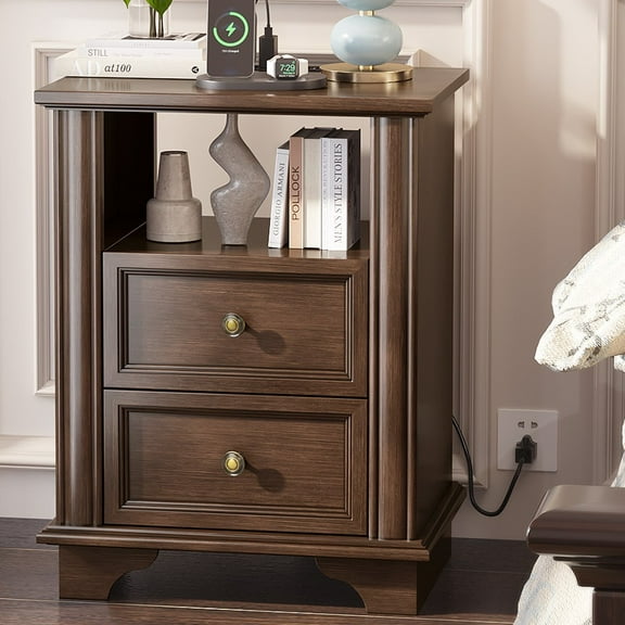 Zimtown 2-Drawer Nightstand, Side Table End Table with Charing Station, Brown