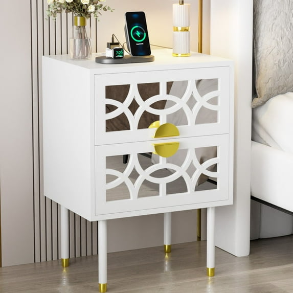Ktaxon 2-Drawer Nightstand, Side Table End Table with Charing Station, White