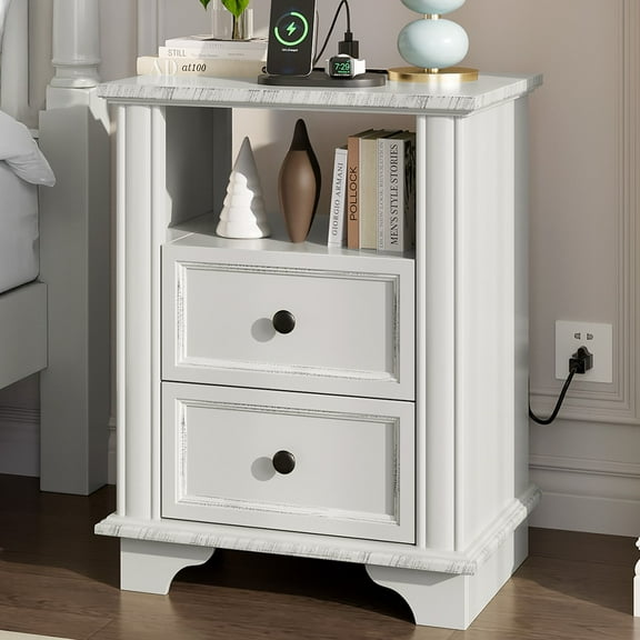 Zimtown 2-Drawer Nightstand, Side Table End Table with Charing Station, White
