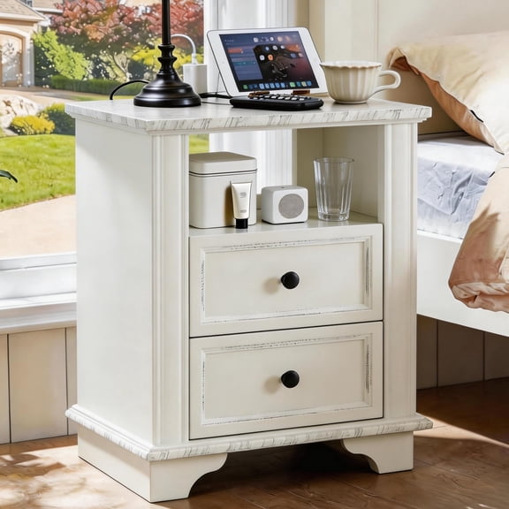 Zimtown 2-Drawer Nightstand, Side Table End Table with Charing Station, White