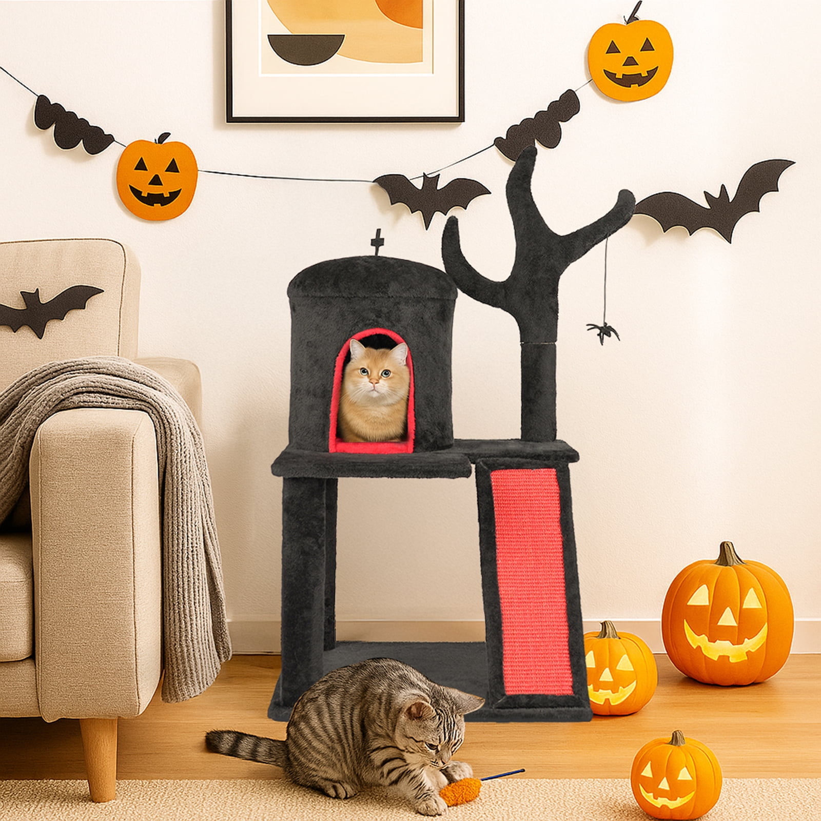 Zimtown 2-Level Halloween Cat Tree, Black & Red Pet Furniture with Scratching Post & Hideout