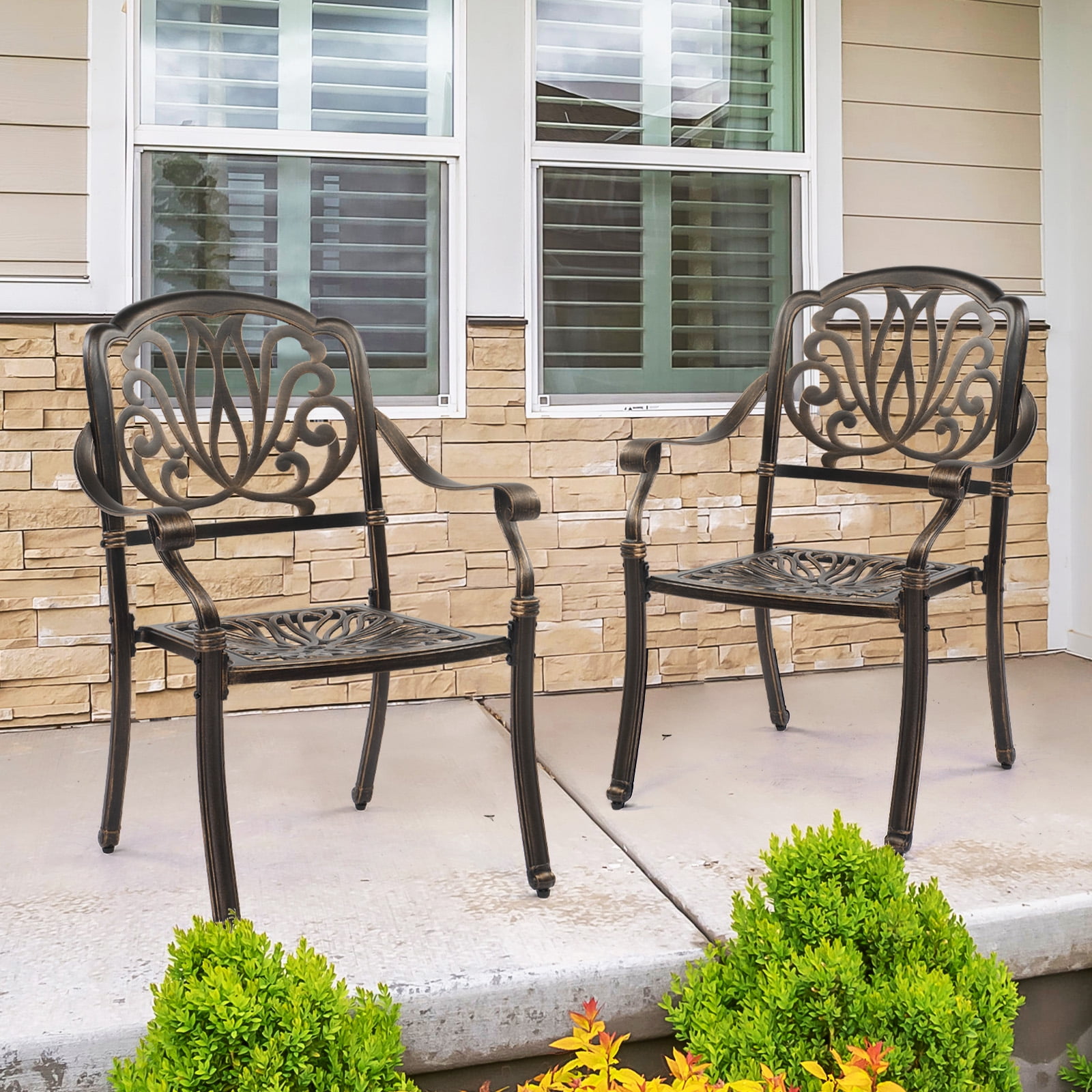 Antique Bronze Cast Aluminum Outdoor Dining Armchairs, Set of 2