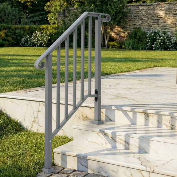 Zimtown 2 Step Outdoor Stair Handrail, Metal Safety Rail for Porch & Patio Steps, Single Step Stair Railing Black Silver