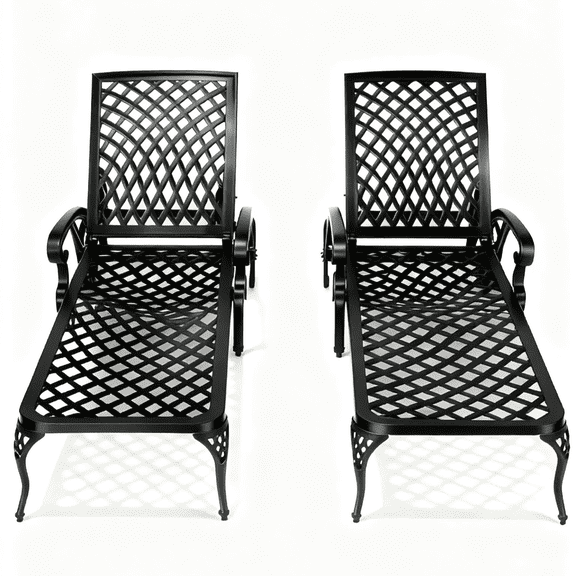Zimtown 2 pc Cast Aluminum Lounge Chair Adjustable Patio Recliner, Patio Chaise Chair, Heavy Duty Lying Bed for Garden, Poolside, Yard, Lawn, Black