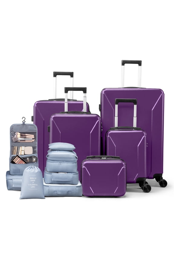 5-Piece Luggage Set with 8 Packing Cubes, Hard Shell Suitcase Set with Spinner Wheels Built-in TSA Lock, Purple