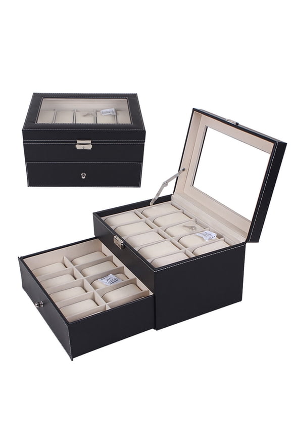 20 Slot Grids Watch Box Leather Display Case Organizer Top Glass Jewelry Storage