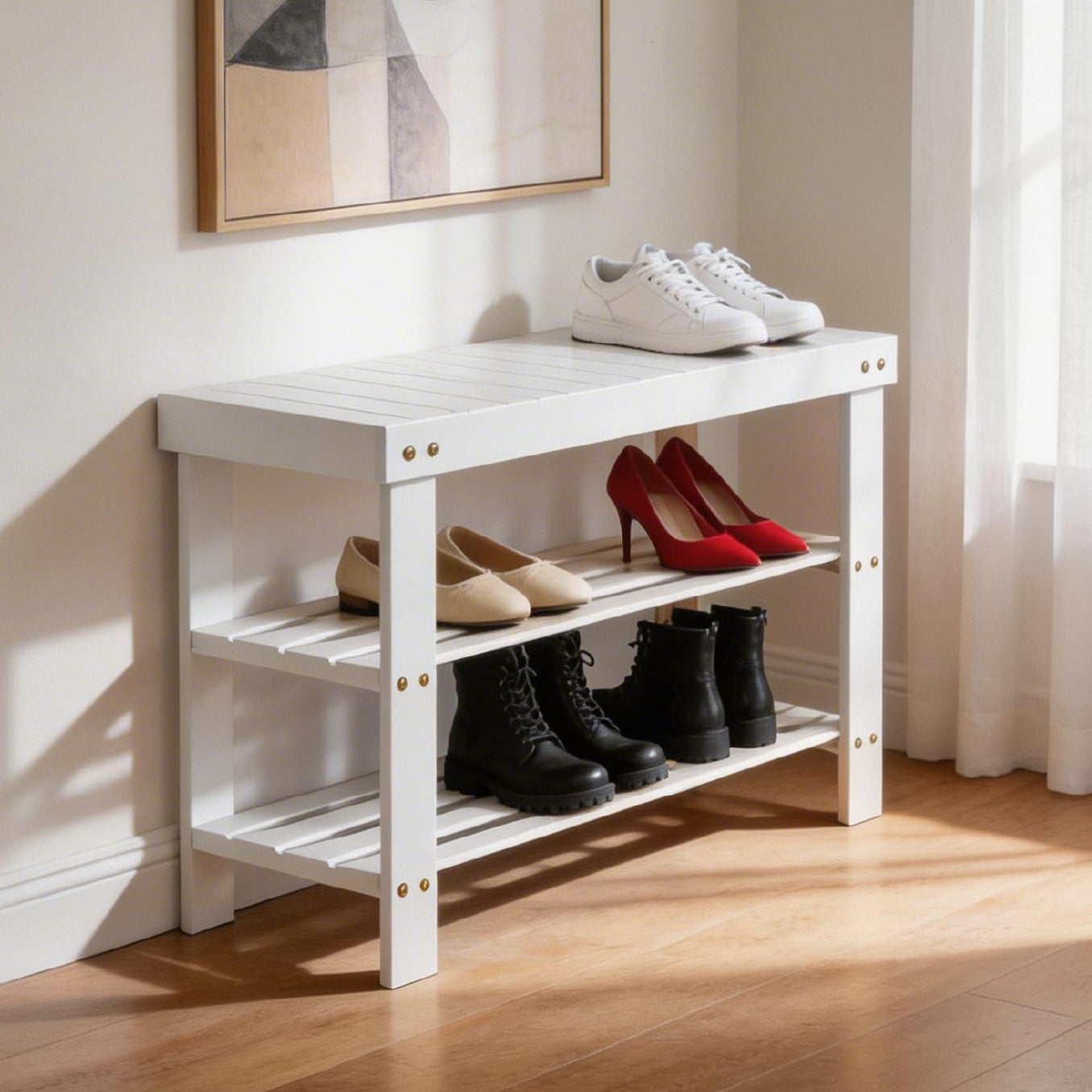 Zimtown 28''W 3 Tier Solid Bamboo Shoe Bench Storage Racks Seat ...
