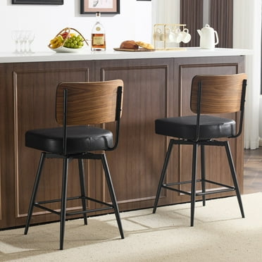 Zimtown Swivel Bar Stools Set of 2, 26'' Mid-Century Padded Counter Height Barstools, Modern Upholstered Dining Chairs 2 PCS, Light Brown & Black