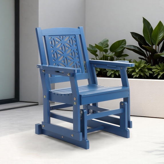 Zimtown 28" Wooden Outdoor Patio Glider Chair with Cup Holder & Armrests, Fir Wood Single Yard Rocking Seat Blue