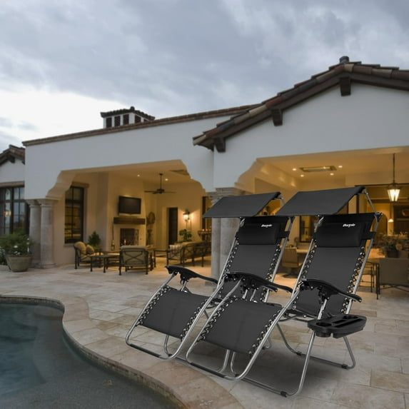 Zimtown 2PCS Outdoor Zero Gravity Folding Lounge Chair with Head Canopy for Beach Patio Pool Yard Black