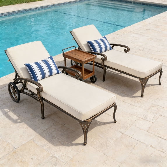 Zimtown 2pc 76in Cast Aluminum Outdoor Chaise Lounge Chair with Wheels, Adjustable Back Patio Recliner for Poolside, Bronze
