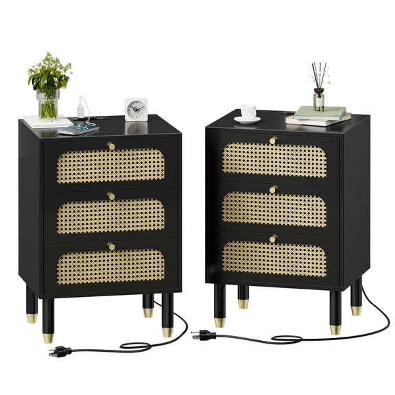 Zimtown 2pc Nightstand with Handmade Natural Rattan Drawers, Bed Side Table with Charging Station & End Table with Storage, Black