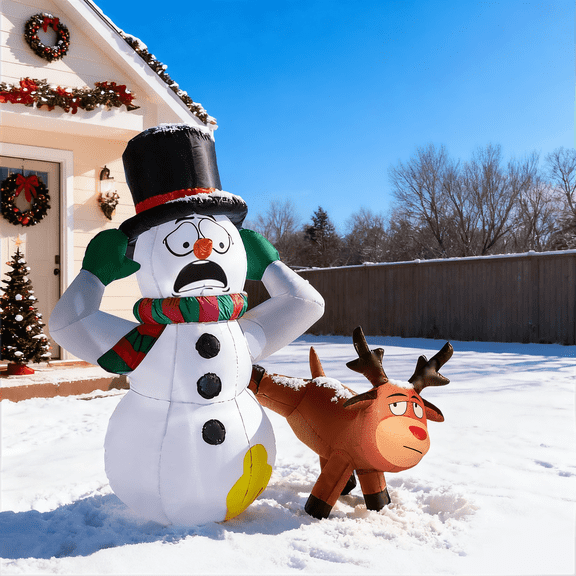 Zimtown 3.5FT Inflatables Snowman and Elk Outdoor Christmas Decorations,Naughty Reindeer with Terrified Snowman,Funny Decor for Holiday Lawn Garden Party