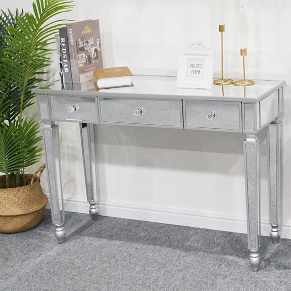 Zimtown 3-Drawer Mirrored Vanity Desk Console Table Dressing Silver Glass Table Modern