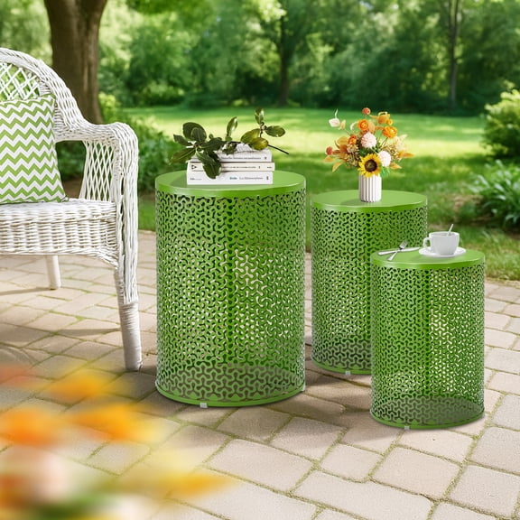 Zimtown 3-Piece 12-16in Metal Nesting Side Tables, Stackable for Patio Indoor Outdoor, Green