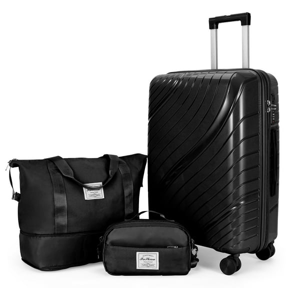 Zimtown 3 Piece Carry-on Luggage Sets, PP Hardside Suitcase Set with Spinner Wheels, Portable Travel Bag and Toiletry Bag, Black