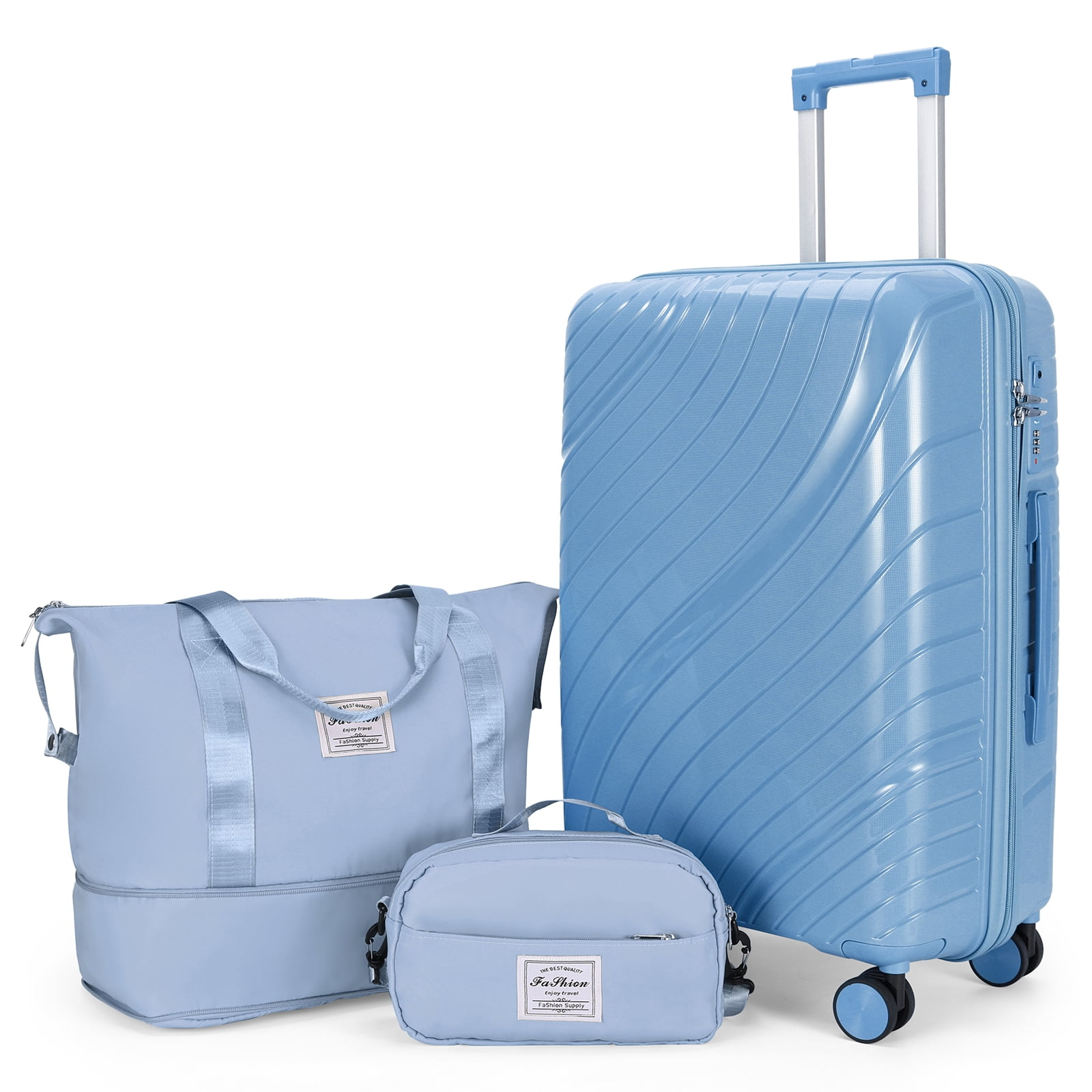 Zimtown 3 Piece Carry-on Luggage Sets, PP Hardside Suitcase Set with Spinner Wheels, Portable Travel Bag and Toiletry Bag, Blue