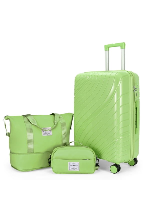 3 Piece Carry-on Luggage Sets, PP Hardside Suitcase Set with Spinner Wheels, Portable Travel Bag and Toiletry Bag, Green