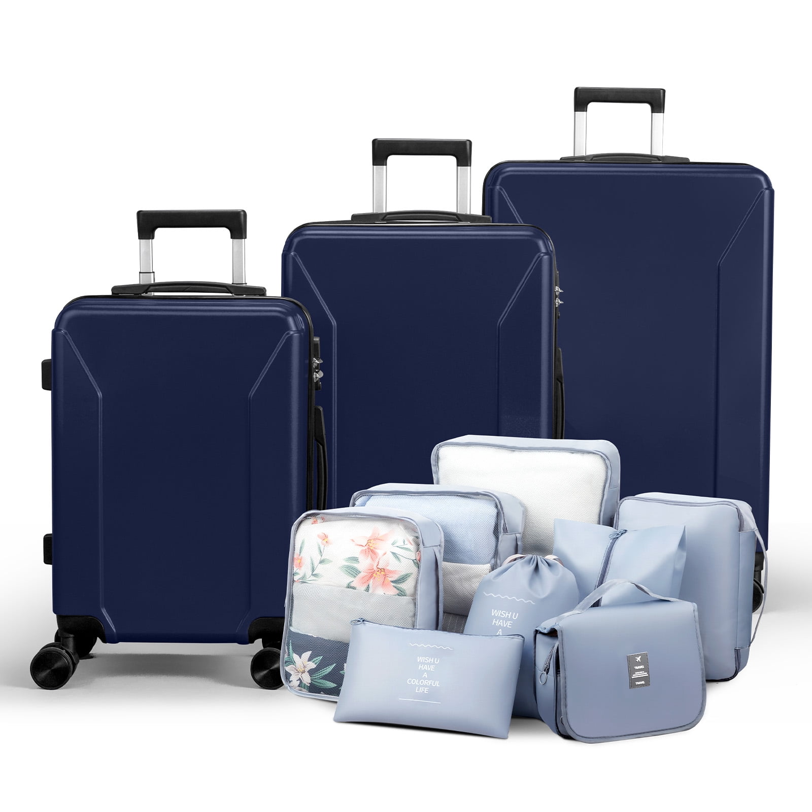 Zimtown 3-Piece Luggage Set with 8 Packing Cubes, Hard Shell Suitcases with Spinner Wheels TSA Lock, Blue