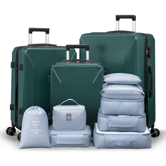Zimtown 3-Piece Luggage Set with 8 Packing Cubes, Hard Shell Suitcases with Spinner Wheels TSA Lock, Green