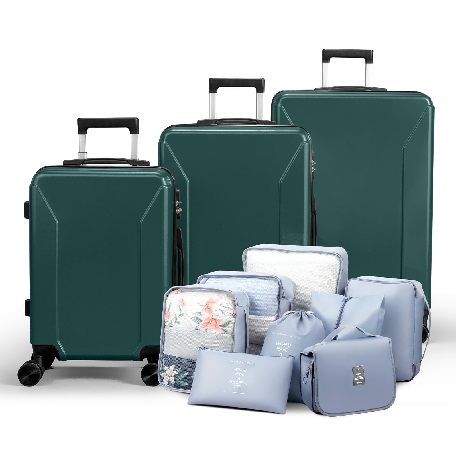 Zimtown 3-Piece Luggage Set with 8 Packing Cubes, Hard Shell Suitcases with Spinner Wheels TSA Lock, Green