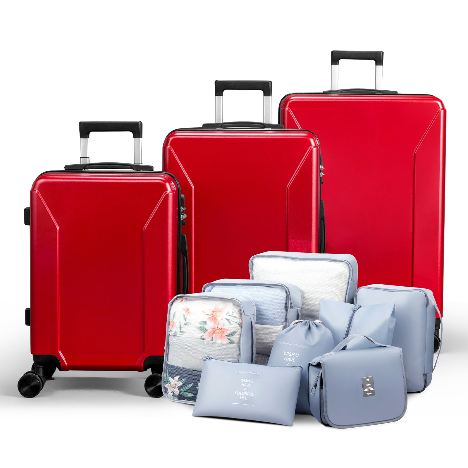 Zimtown 3-Piece Luggage Set with 8 Packing Cubes, Hard Shell Suitcases with Spinner Wheels TSA Lock, Red
